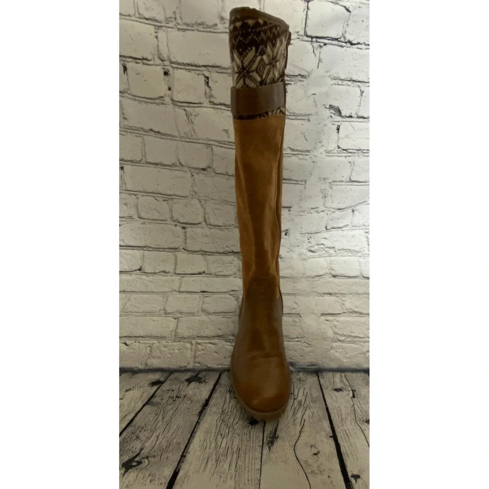Womens‎ Knee High Boots EU 37 US 6.5 Brown Fair Isle Side Zip Faux Suede Riding
